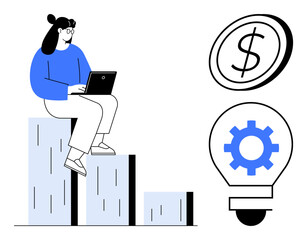 Woman sitting on chart bars using a laptop, representing progress, analysis, and innovation. Adjacent dollar sign and gear-bulb symbolize financial growth, strategy, and creativity. Ideal