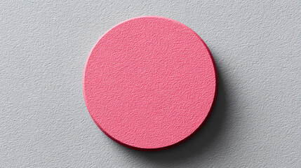 close-up of single flat pink circle badge with subtle matte texture on light grey background, sharp rim detail, minimalist awareness design with empty space