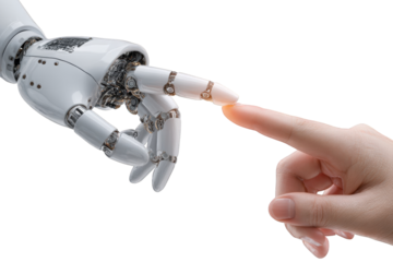 A robotic arm and a human hand touch