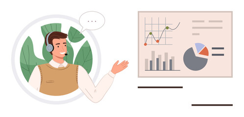 Male support agent with a headset gestures towards a chart panel with graphs and pie charts. Ideal for customer service, data analysis, communication, teamwork, business growth, online meetings
