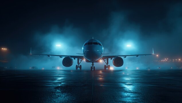 Airplane on a wet runway at night