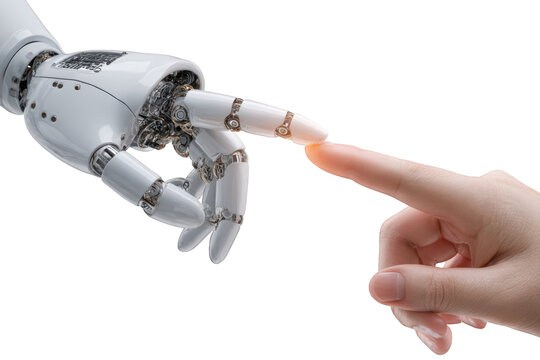 A robotic arm and a human hand touch