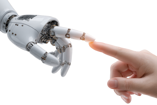 A robotic arm and a human hand touch - Powered by Adobe