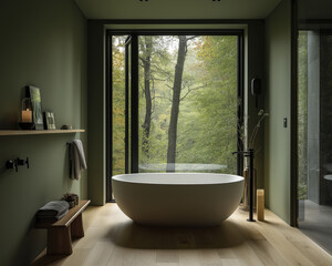 Fototapeta premium Modern bathroom with freestanding bathtub positioned front of large glass doors opening to lush green forest, creating serene and natural
