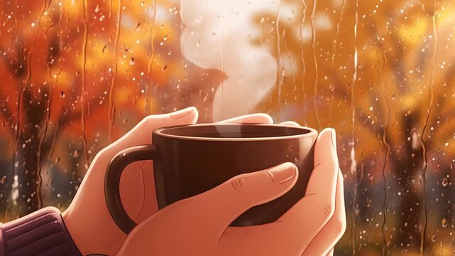 Cozy autumn mood: hands hold a warm coffee mug inside, steam rising. Raindrops on window, colorful fall trees. Perfect for relaxation, nature, and comfort videos.
