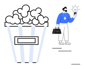 Businessman with lightbulb and briefcase stands beside large popcorn bucket. Ideal for innovation, entertainment, creativity, business ideas, leisure, work-life balance, simple flat metaphor