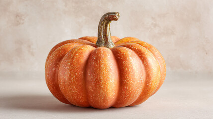 close-up of single rustic small orange pumpkin with defined surface texture on matte pale background, clean Thanksgiving styling with negative space