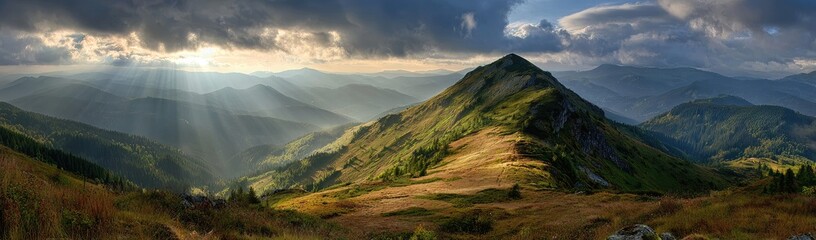 Panoramic mountain vista with sunbeams piercing clouds (1)