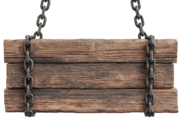 Aged wooden sign hanging from chains