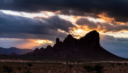 dramatic clouds and silhouetted rock formation under dark sky