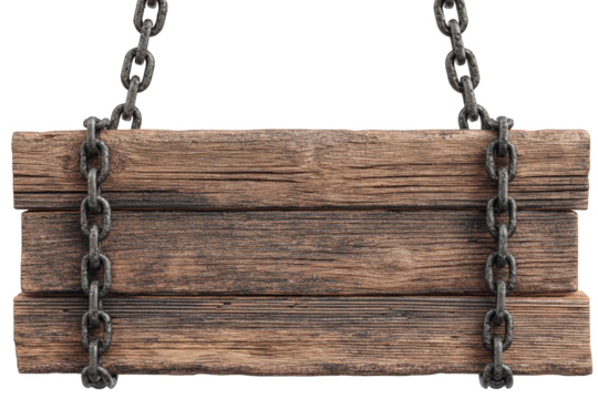 Aged wooden sign hanging from chains