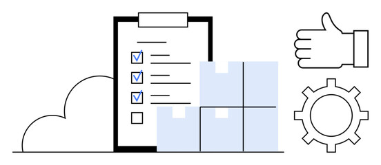 Clipboard checklist, stacked boxes, thumb up, gear, cloud. Ideal for productivity, logistics, workflow, inventory task management quality control simple landing page
