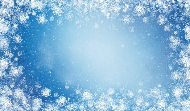 Light-blue background framed by snowflakes