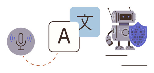 Microphone, translation icons, and robot holding shield representing AI-powered language translation, speech recognition, and secure communication. Ideal for technology, AI, linguistics, security