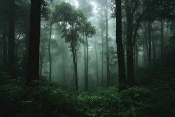 Fototapeta premium Misty, dense forest. Lush vegetation shrouded in fog