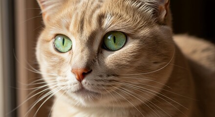 Captivating close-up of a ginger cat's face, showcasing its stunning emerald green eyes and delicate whiskers, bathed in soft natural light, creating a serene and intimate portrait.