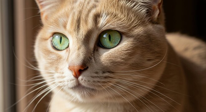 Captivating close-up of a ginger cat's face, showcasing its stunning emerald green eyes and delicate whiskers, bathed in soft natural light, creating a serene and intimate portrait. - Powered by Adobe