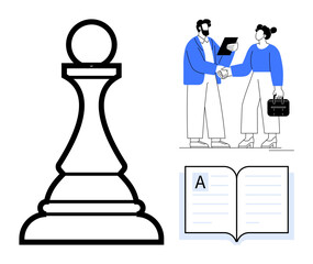 Chess pawn symbolizing strategy, two professionals shaking hands for teamwork, open book representing knowledge. Ideal for business, leadership, education, planning, partnerships, strategic thinking
