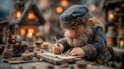 Charming Gnome Artisan Crafting Tiny Wooden Figurines in Workshop