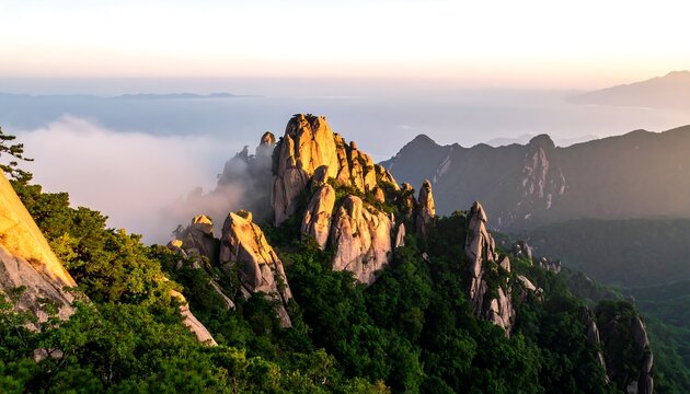 Mountain peaks bathed in sunrise mist - Powered by Adobe