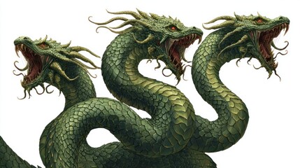 Obraz premium Three-headed green mythical serpent