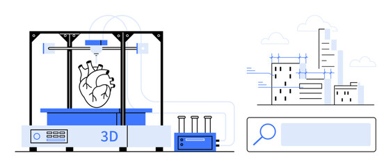 3D printer creating a human heart model, urban cityscape with cranes and buildings, and a magnifying glass search bar. Ideal for technology, innovation, healthcare, research, architecture, urban