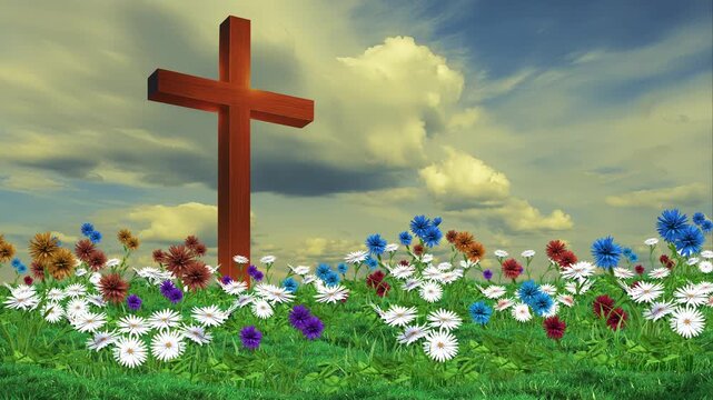Inspirational 4K timelapse animation showing a wooden cross in a flower-filled meadow with clouds drifting overhead. Ideal for Easter, spiritual content, religious intros, nature worship themes, or ch