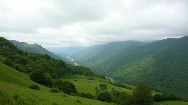 Lush Green Hillside Landscape Under Cloudy Sky