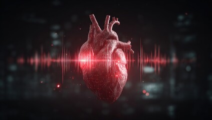3D rendered human heart with abstract EKG waves