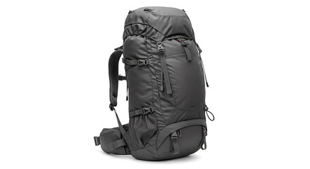 A large fully packed black trekking rucksack with multiple compression straps and a padded hip belt.