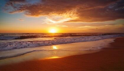 sunset paints the sky and ocean with vibrant orange hues casting a golden glow on the sandy beach