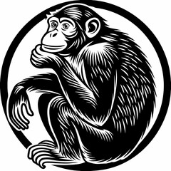 A black and white illustration of a chimpanzee sitting in a thoughtful pose.