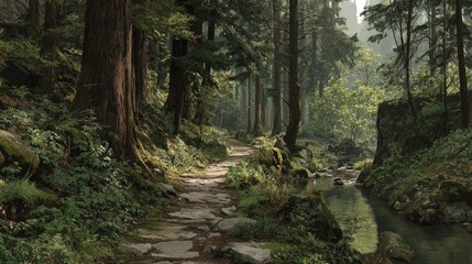 Naklejka premium A serene forest path winds through lush greenery, alongside a babbling brook, bathed in soft sunlight.