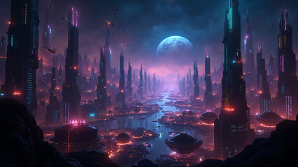 Epic alien city landscape with glowing river and futuristic architecture, fantasy sci-fi planet background