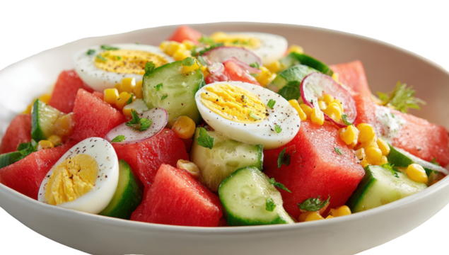 Colorful vibrant salad of watermelon, corn, cucumber, and hard-boiled eggs