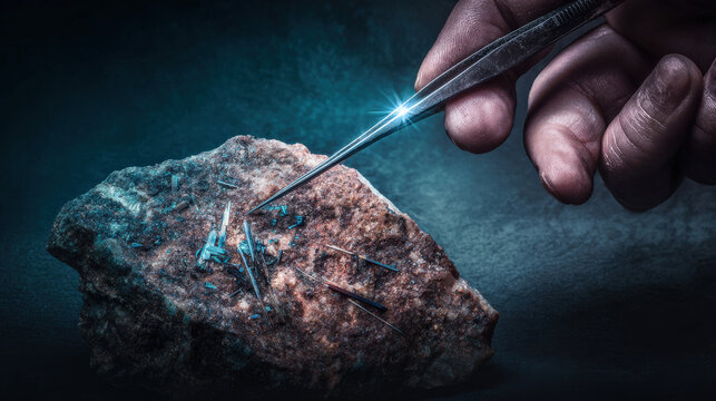 A close-up of ancient volcanic rock with magnetic minerals, being studied with a magnetometer, showcasing the role of volcanic rocks in magnetic dating to determine age and historical data