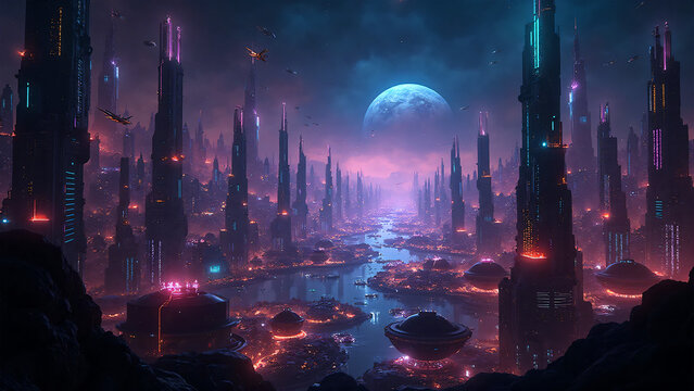 Epic alien city landscape with glowing river and futuristic architecture, fantasy sci-fi planet background