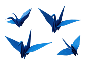 Five blue origami cranes
