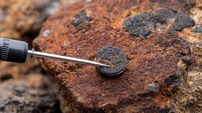 A close-up of ancient volcanic rock with magnetic minerals, being studied with a magnetometer, showcasing the role of volcanic rocks in magnetic dating to determine age and historical data