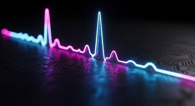 Neon pink and blue EKG waveform on a dark circuit board