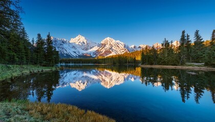 Obraz premium snow capped mountains reflect beautifully in a calm alpine lake surrounded by evergreen trees under a clear blue sky at sunset
