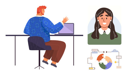 Male professional at desk using laptop, female participant on screen, diagram showcasing workflow. Ideal for remote work, video calls, collaboration, education, teamwork, training simple flat