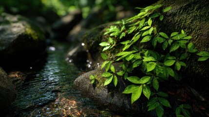 Obraz premium Fresh Creekside Foliage in Lush Sunlight