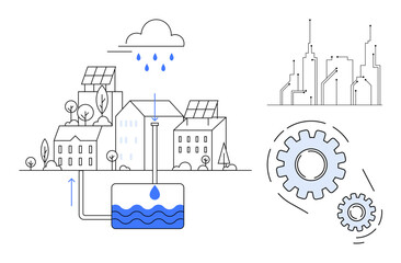 Naklejka premium Cityscape with solar-powered homes, rainwater harvesting system, water tank, minimalistic gear set, and outlines of modern city buildings. Ideal for sustainability, innovation, green technology