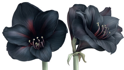 Two dark, detailed amaryllis flowers