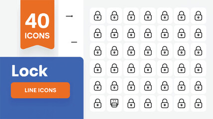 A set of 40 line icon illustrations of security and lock symbols arranged in a grid format. 