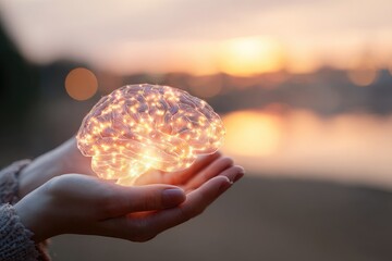 Glowing brain held in hands at sunset (1)