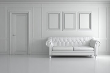 White room with sofa and framed art