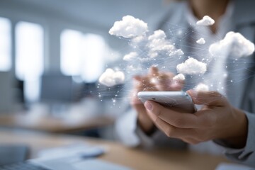 Hands hold phone, cloud imagery overlay