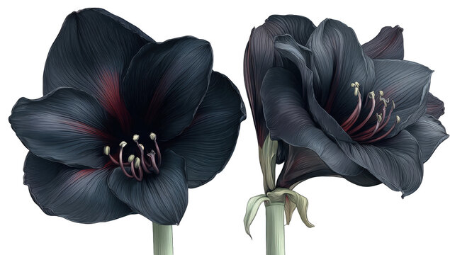 Two dark, detailed amaryllis flowers